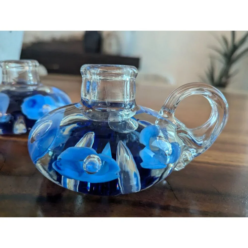 Vintage Set of 2  Joe St. Clair Glass Candle Holders cobalt blue Flowers